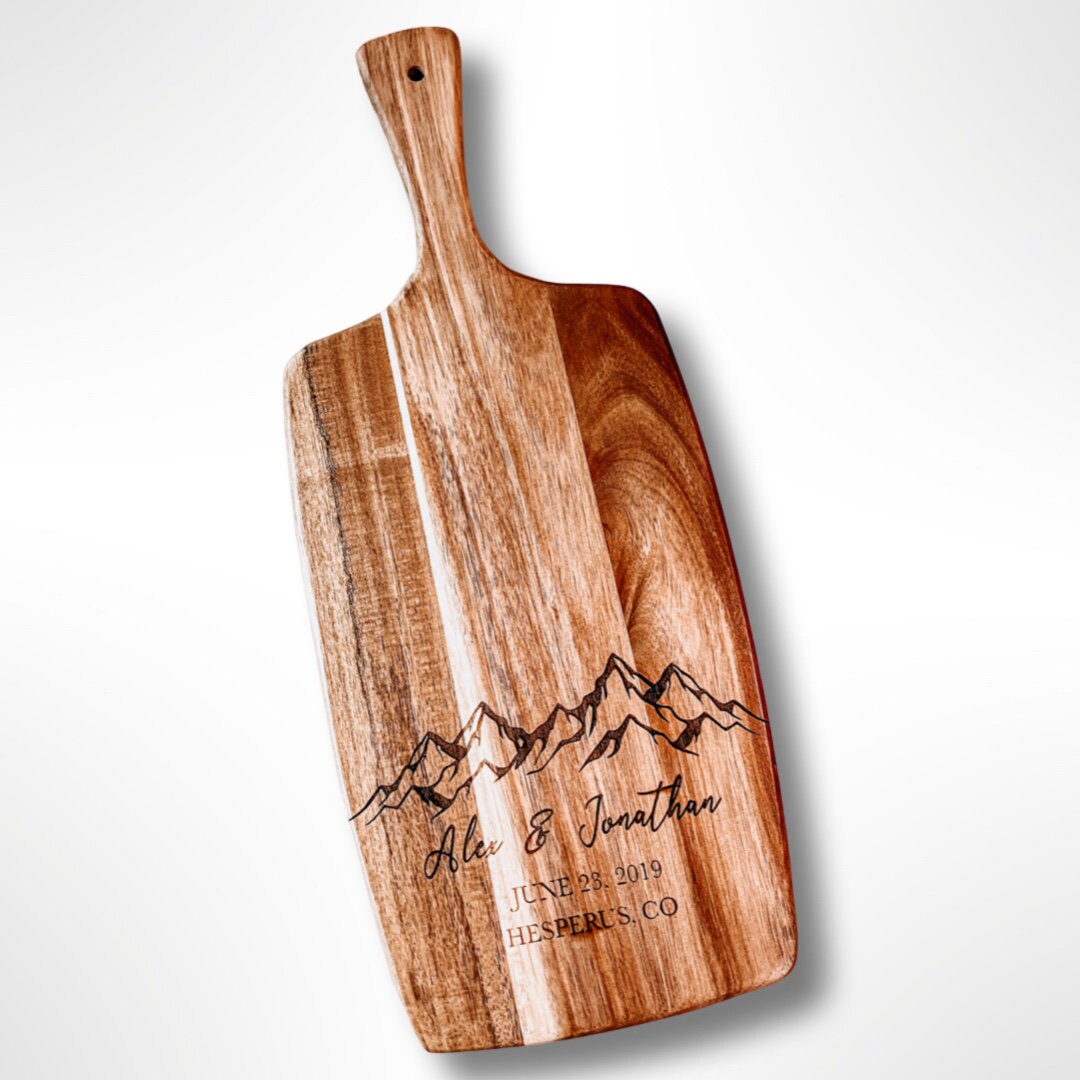 Personalized Mountain Scane Engraved Acacia Cutting Board | Wedding Date and Names | Laser Engraved Anniversary Gift