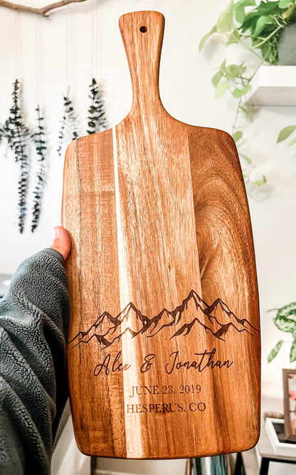 Personalized Mountain Scane Engraved Acacia Cutting Board | Wedding Date and Names | Laser Engraved Anniversary Gift