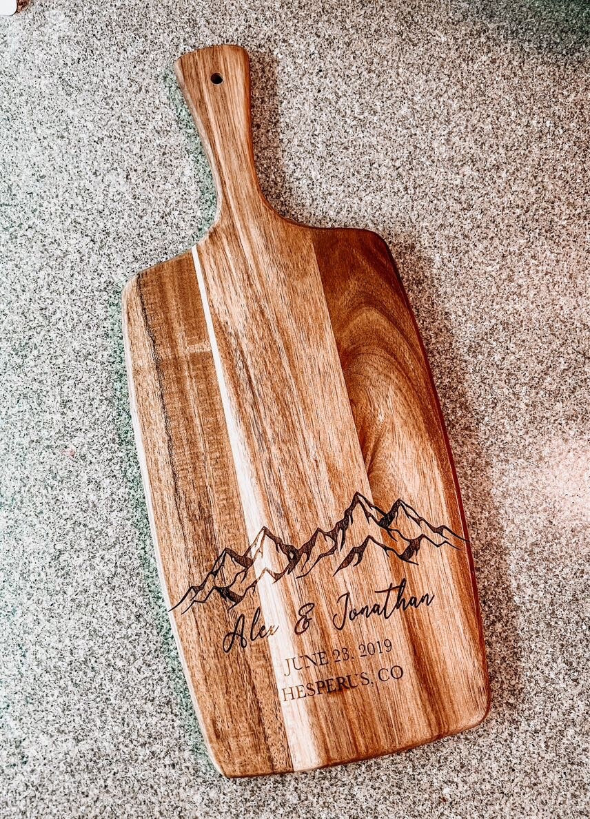 Personalized Mountain Scane Engraved Acacia Cutting Board | Wedding Date and Names | Laser Engraved Anniversary Gift