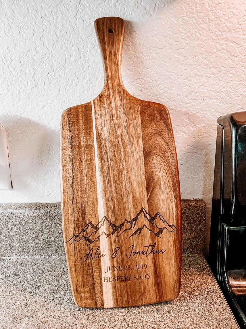 Personalized Mountain Scane Engraved Acacia Cutting Board | Wedding Date and Names | Laser Engraved Anniversary Gift