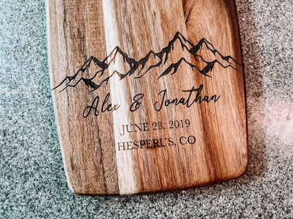 Personalized Mountain Scane Engraved Acacia Cutting Board | Wedding Date and Names | Laser Engraved Anniversary Gift