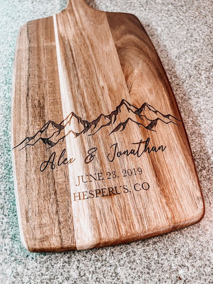 Personalized Mountain Scane Engraved Acacia Cutting Board | Wedding Date and Names | Laser Engraved Anniversary Gift