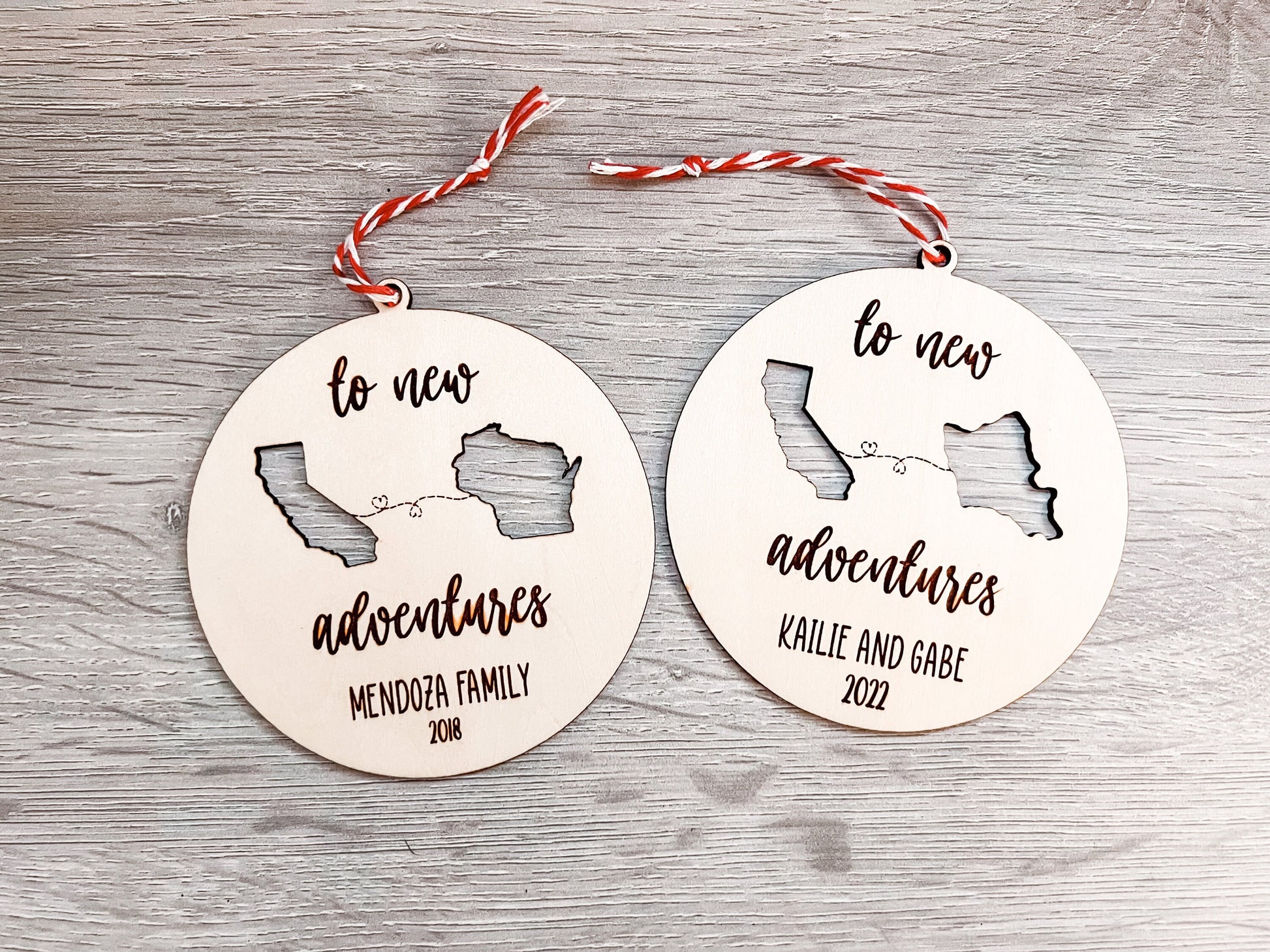 To New Adventures Cross Country Moving Ornament | Laser Cut Personalized 2 States or Countries | Custom Home Decor | Christmas Moving Gift