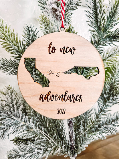 To New Adventures Cross Country Moving Ornament | Laser Cut Personalized 2 States or Countries | Custom Home Decor | Christmas Moving Gift