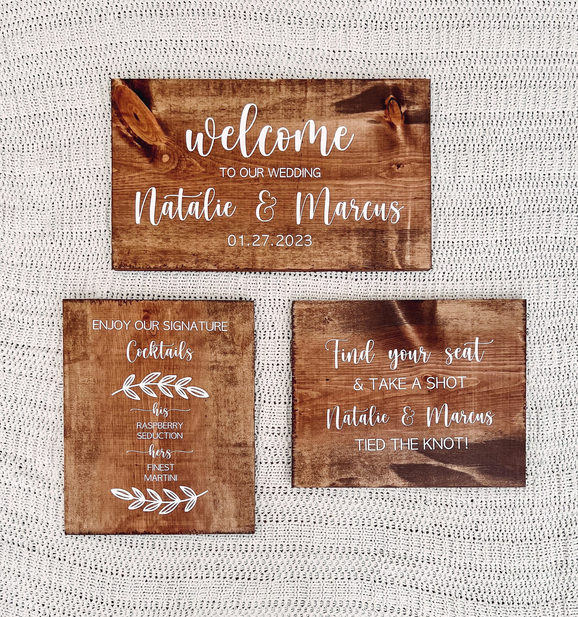 Welcome To Our Wedding Sign | Signature Cocktail Sign | Take A Seat and A Shot Sign | 3 Piece Wedding Sign Bundle