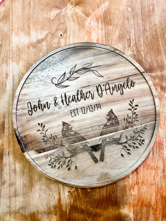 Love Birds Cardinals Personalized Acacia Lazy Susan | Custom Rustic Wedding Gift | Family Name Lazy Susan