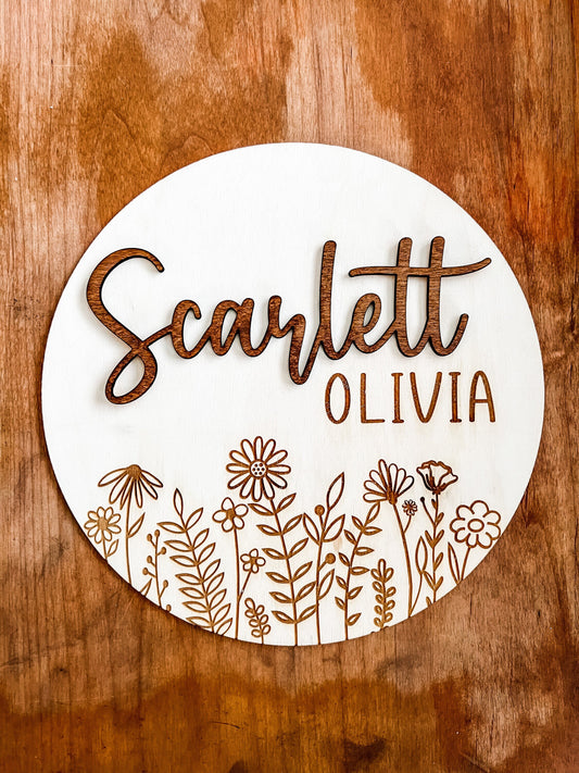 Nursery Name Sign | Boho Wildflower Sign for Child's Room | Personalized Laser Engraved 3D First Name & Engraved Middle Name Sign