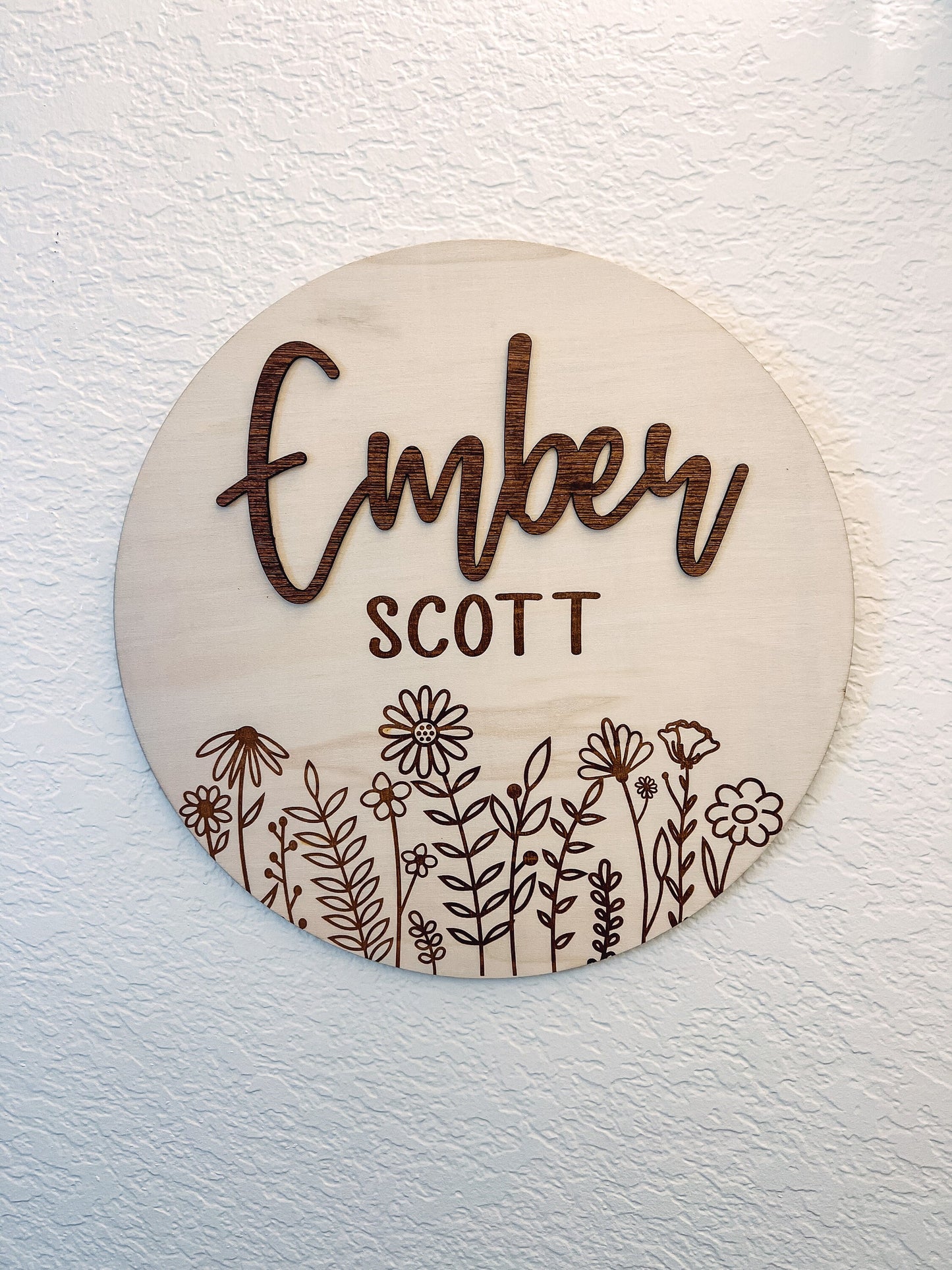 Nursery Name Sign | Boho Wildflower Sign for Child's Room | Personalized Laser Engraved 3D First Name & Engraved Middle Name Sign