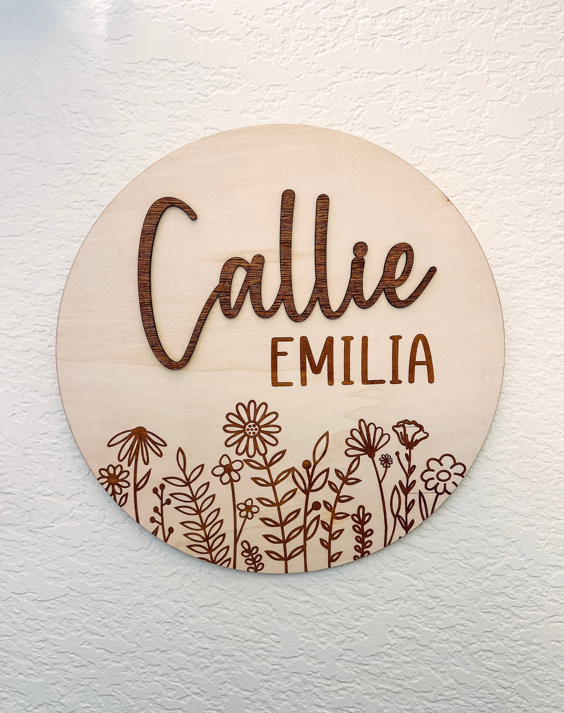 Nursery Name Sign | Boho Wildflower Sign for Child's Room | Personalized Laser Engraved 3D First Name & Engraved Middle Name Sign