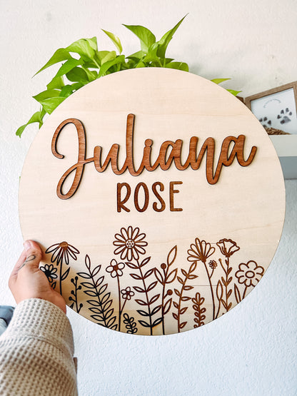 Nursery Name Sign | Boho Wildflower Sign for Child's Room | Personalized Laser Engraved 3D First Name & Engraved Middle Name Sign