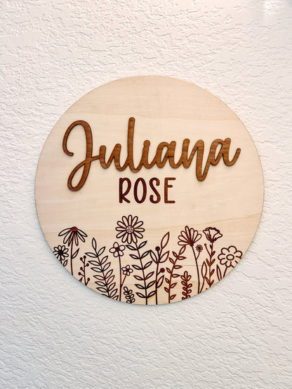 Nursery Name Sign | Boho Wildflower Sign for Child's Room | Personalized Laser Engraved 3D First Name & Engraved Middle Name Sign