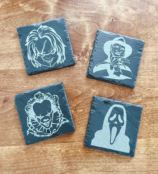 Serial Killer Laser Engraved Slate Coaster Set | Chucky, Freddy Krueger, Pennywise, Scream Serial Killer Halloween Coasters 4-12 Pack