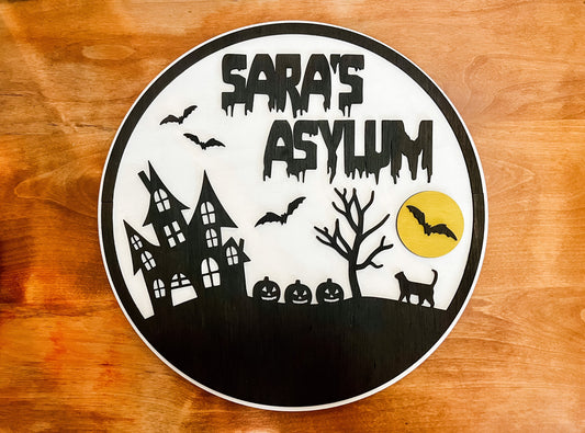 Haunted Asylum Personalized Spooky Halloween Sign | Custom Family Name Haunted House Sign