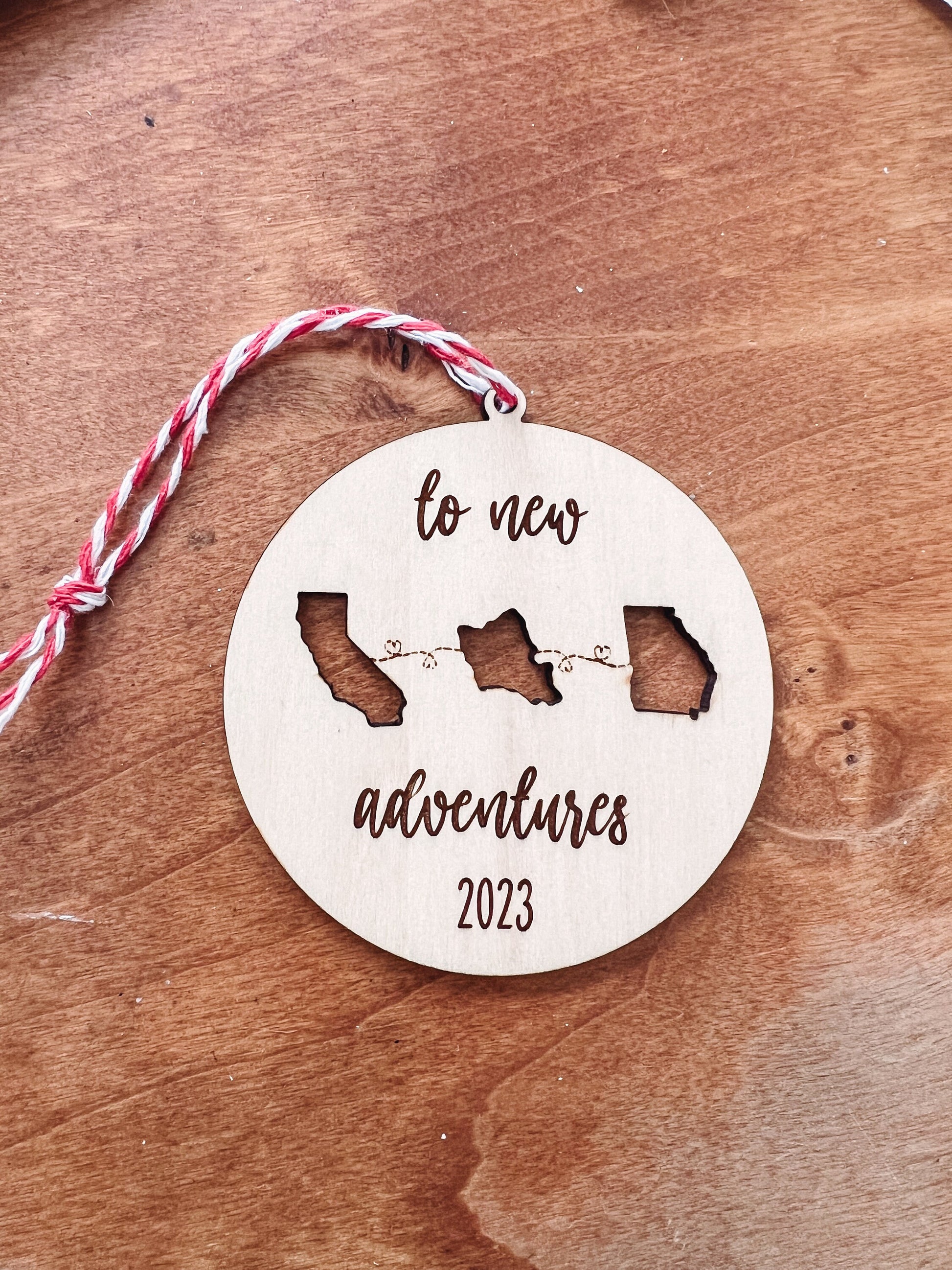 To New Adventures Cross Country Moving Ornament | Laser Cut Personalized 3 States or Countries | Custom Home Decor | Christmas Moving Gift