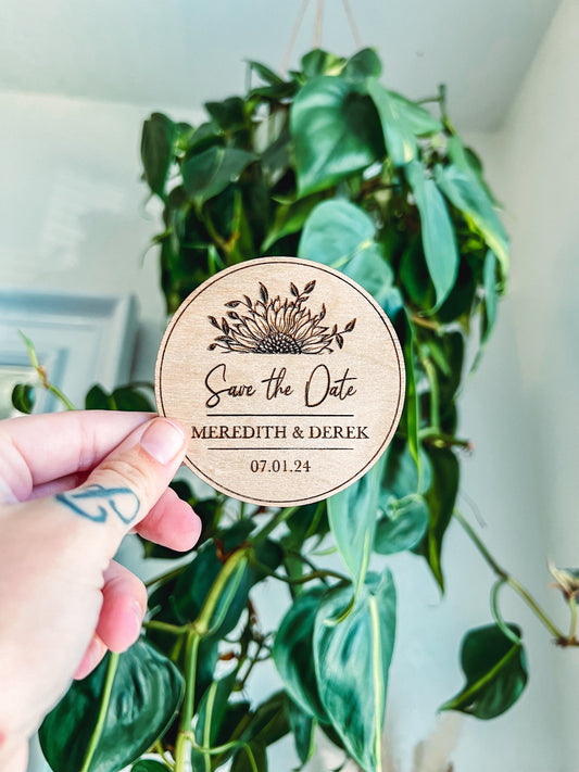 Save the Date Sunflower Wedding Magnets | Wooden Save the Date Personalized Set | Wedding Invitation | Custom Laser Engraved Oak Wood Magnet